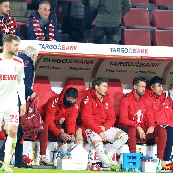 1. FC Köln vs. Hertha BSC Berlin, DFB-Pokal, 3. Runde, Achtelfinale, 04.12.2024, 18.00 Uhr, sitzend von links: Leart pacarada, Florian kainz, Mark Uth, Julian Pauli, Marvin Obuz (1. FC Köln), Bild: Herbert Bucco