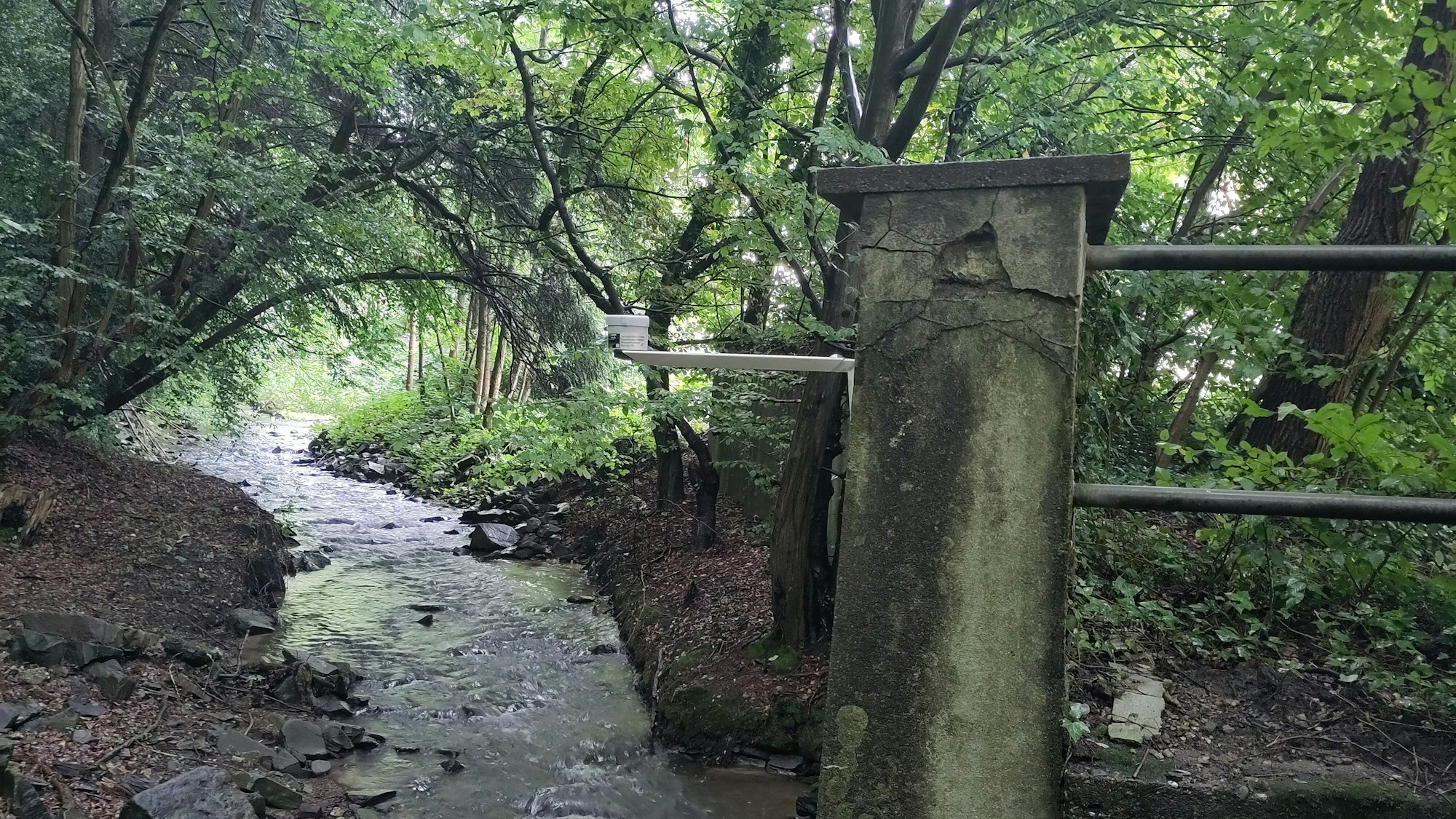 Ein Sensor, der den Pegelstand eines Baches messen soll, ragt von einem Betonpfeiler über das Wasser.