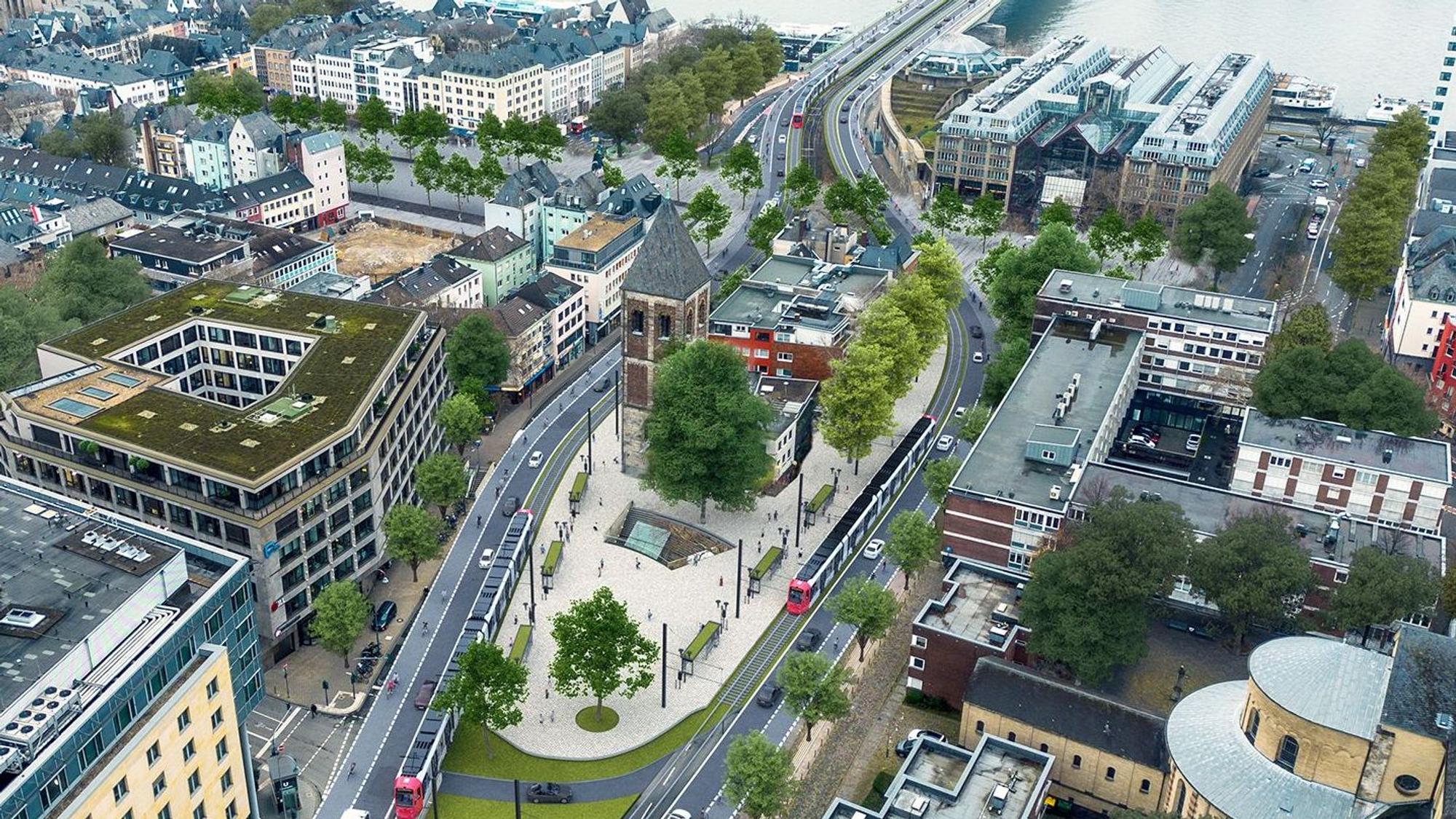 Visualisierung des gemeinsamen Plans von CDU, SPD und FDP für die Ost-West-Achse für den Heumarkt.