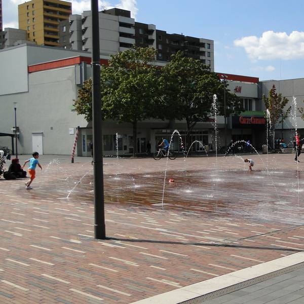 Wasserspiele mit spielenden Kindern und Hunden.
