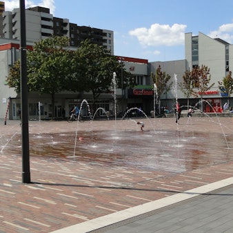 Wasserspiele mit spielenden Kindern und Hunden.