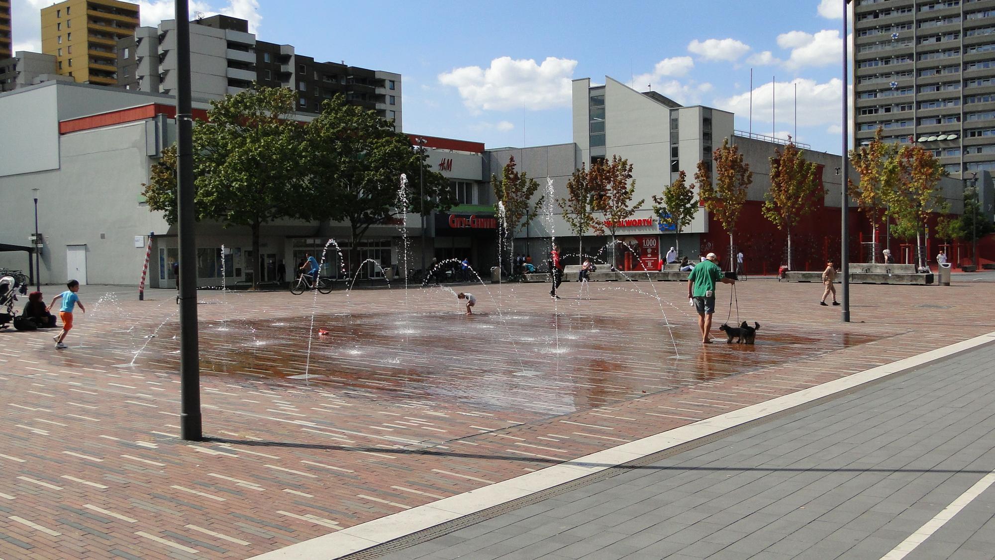 Wasserspiele mit spielenden Kindern und Hunden.