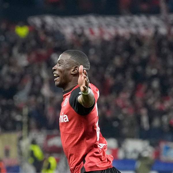Leverkusen's Nordi Mukiele celebrates after scoring the opening goal during the Champions League opening phase soccer match between Bayer Leverkusen and Inter Milan at the BayArena in Leverkusen, Germany, Tuesday Dec. 10, 2024. (AP Photo/Martin Meissner)