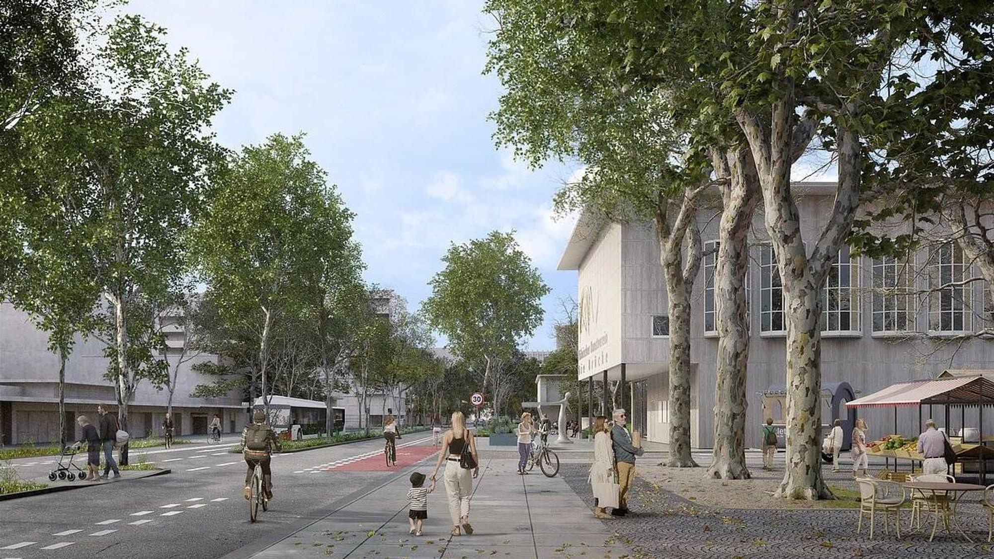 So sieht eine erste Gestaltungsidee für die Hahnenstraße aus, wenn die Stadtbahn in einem neuen Tunnel fährt. Die endgültige Planung folgt im Projektverlauf.