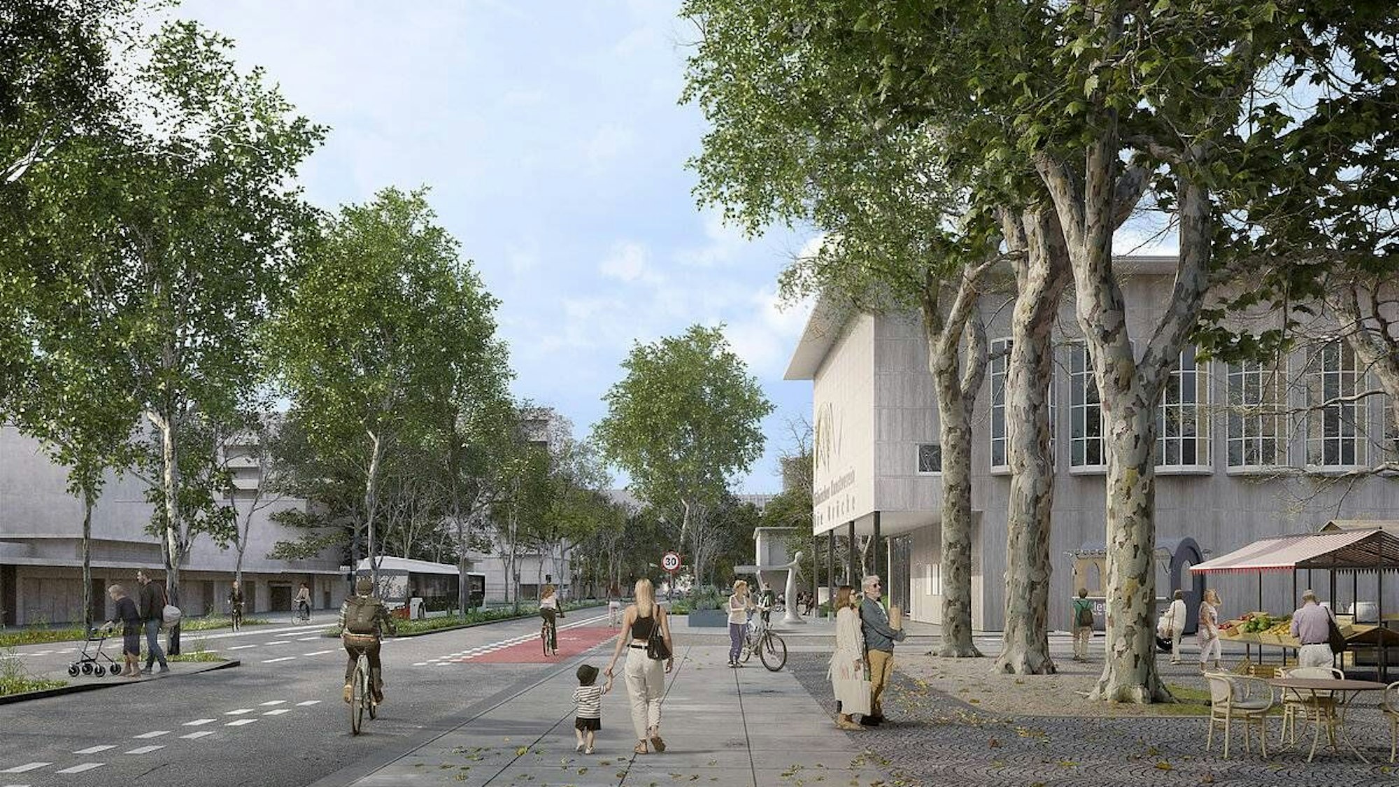 So sieht eine erste Gestaltungsidee für die Hahnenstraße aus, wenn die Stadtbahn in einem neuen Tunnel fährt. Die endgültige Planung folgt im Projektverlauf.