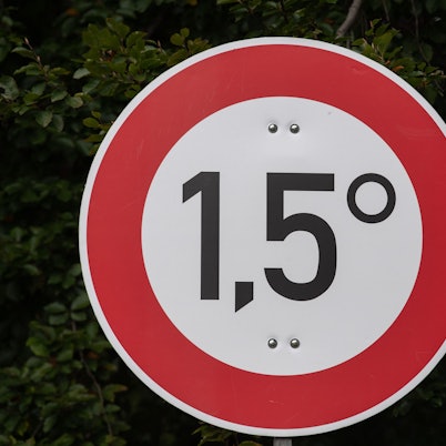 ARCHIV - 03.10.2021, Berlin: Mit diesem Schild machen Klima-Aktivisten unweit des Hauses der Kulturen der Welt auf das Ziel des Pariser Klimaabkommens aufmerksam, den globalen Temperaturanstieg auf 1,5 Grad gegenüber der vorindustriellen Zeit zu begrenzen. Schätzungsweise 20 Klima-Aktivisten haben auf einer Wiese das «Klima Gerechtigkeitscamp» errichtet. Dort wollen sie mindestens bis Ende Oktober bleiben. (zu dpa: «KI-Prognosen: Erderwärmung könnte schneller voranschreiten») Foto: Paul Zinken/dpa +++ dpa-Bildfunk +++