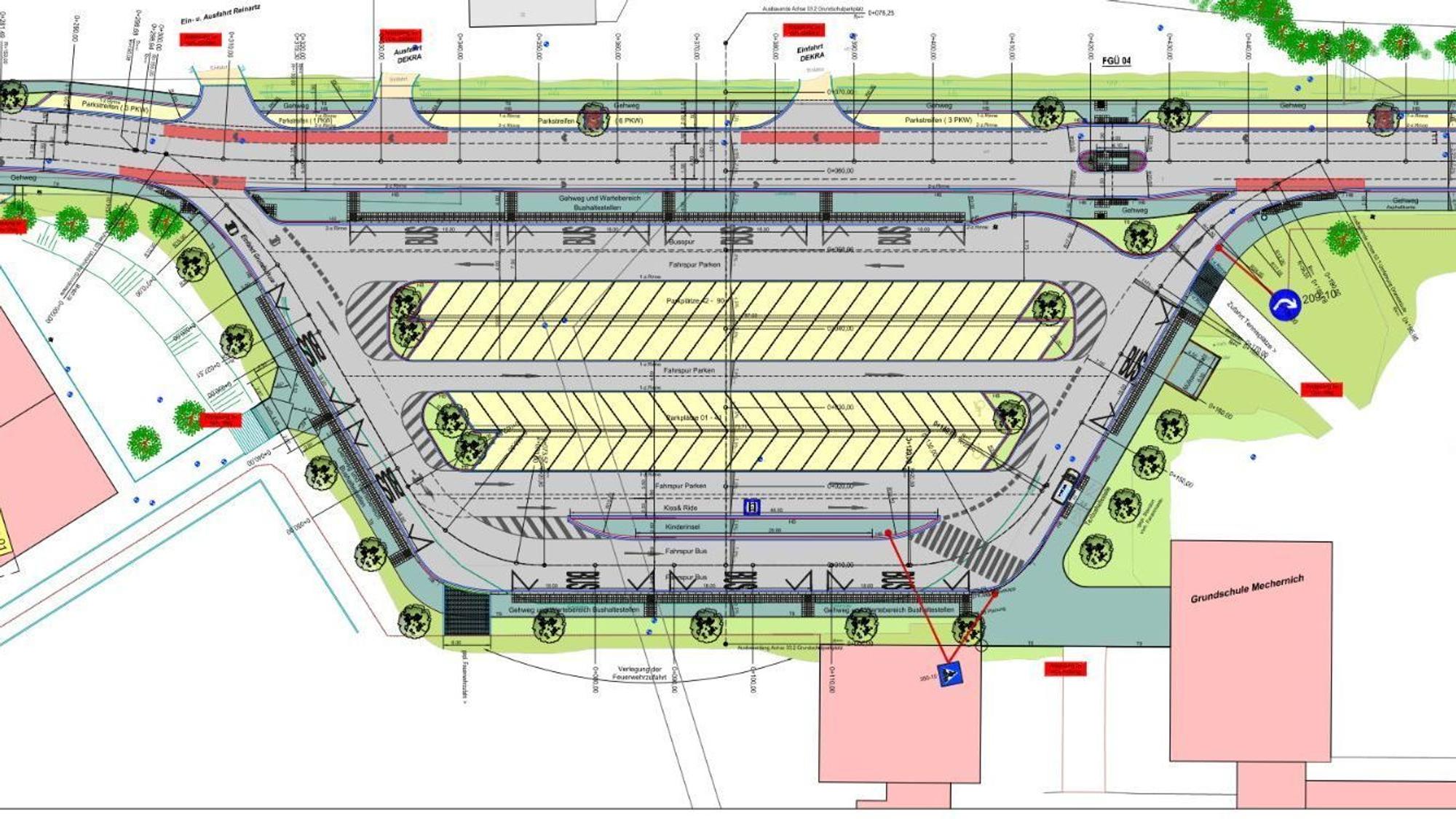 Die Planungsskizze zeigt den Grundschulparkplatz in Mechernich, der umgestaltet werden soll.