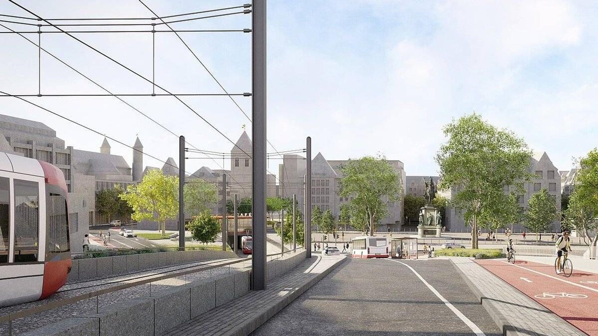 So sieht eine erste Gestaltungsidee für den Heumarkt aus, wenn die Stadtbahn in einen neuen Tunnel fährt. Die endgültige Planung folgt im Projektverlauf.