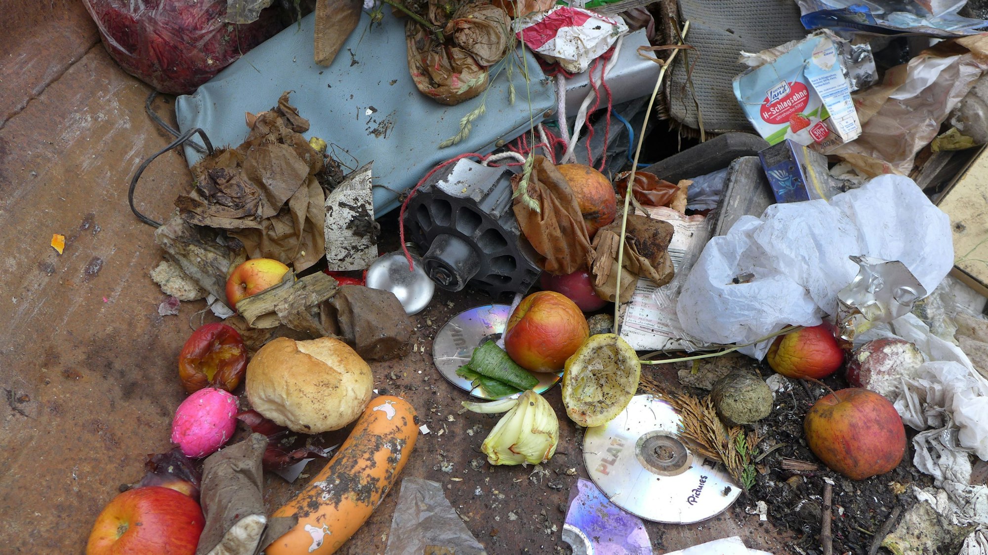 Der Inhalt einer Restmülltonne liegt auf der Erde. Darunter befinden sich auch Dinge, die in eine Biotonne gehören: Obst, Gemüse und Brötchen.