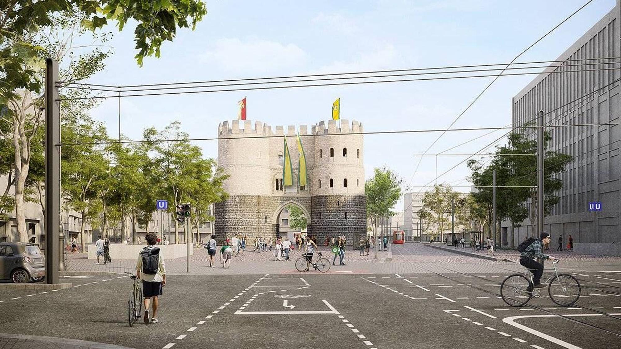 So sieht eine erste Gestaltungsidee für den Rudolfplatz aus, wenn die Stadtbahn weiter oberirdisch fährt. Die endgültige Planung folgt im Projektverlauf.