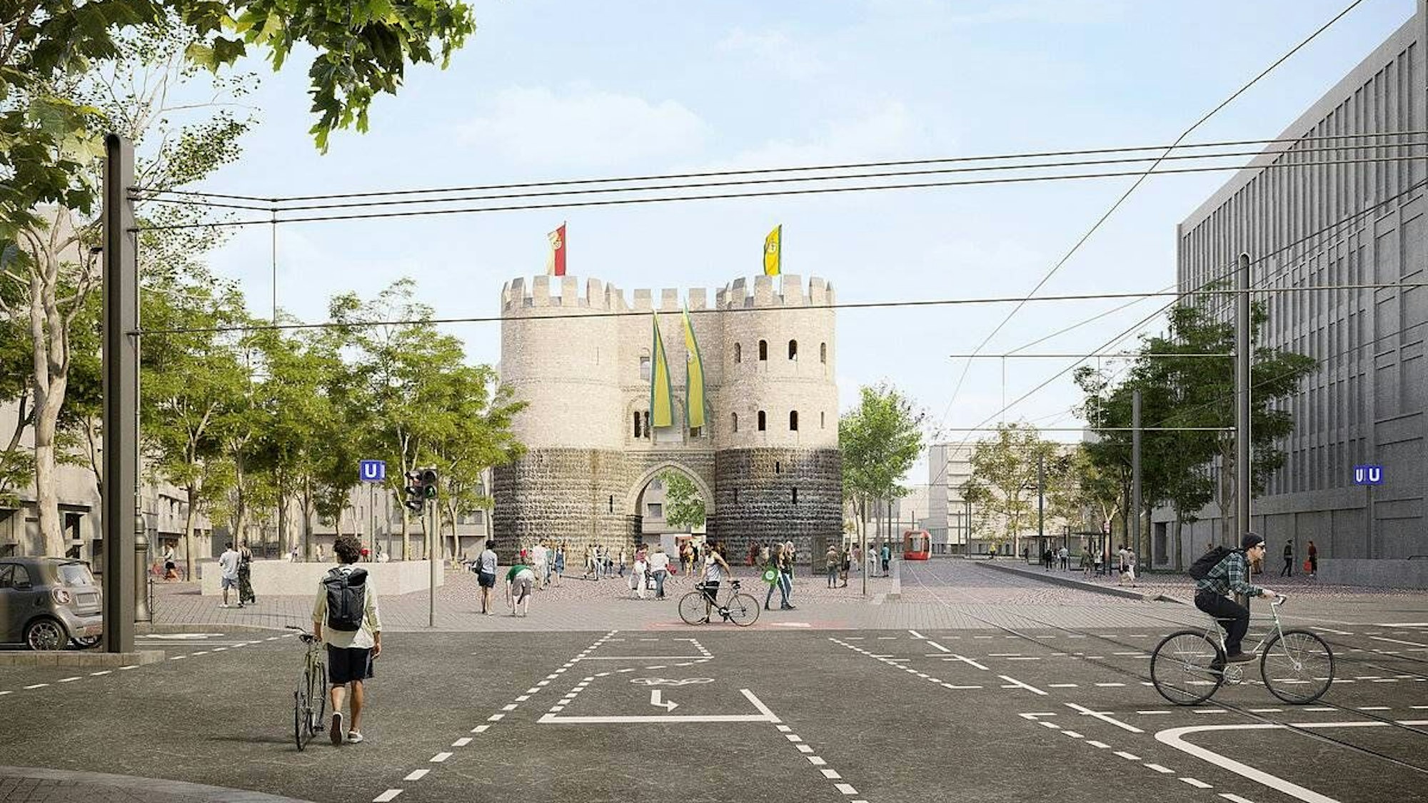 So sieht eine erste Gestaltungsidee für den Rudolfplatz aus, wenn die Stadtbahn weiter oberirdisch fährt. Die endgültige Planung folgt im Projektverlauf.