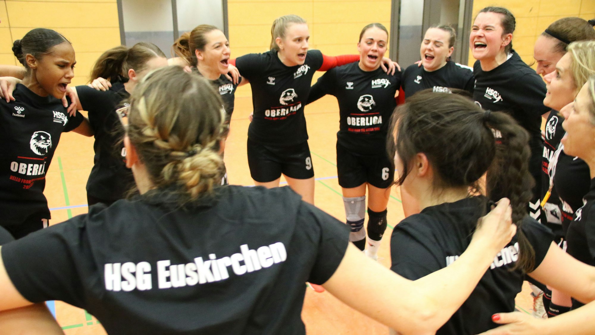 Die Spielerinnen der HSG Euskirchen bilden einen Kreis und jubeln über den Aufstieg.