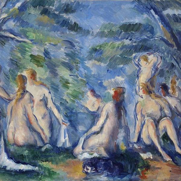Impressionistisch gemalte Frauen steigen ins Wasserbad.