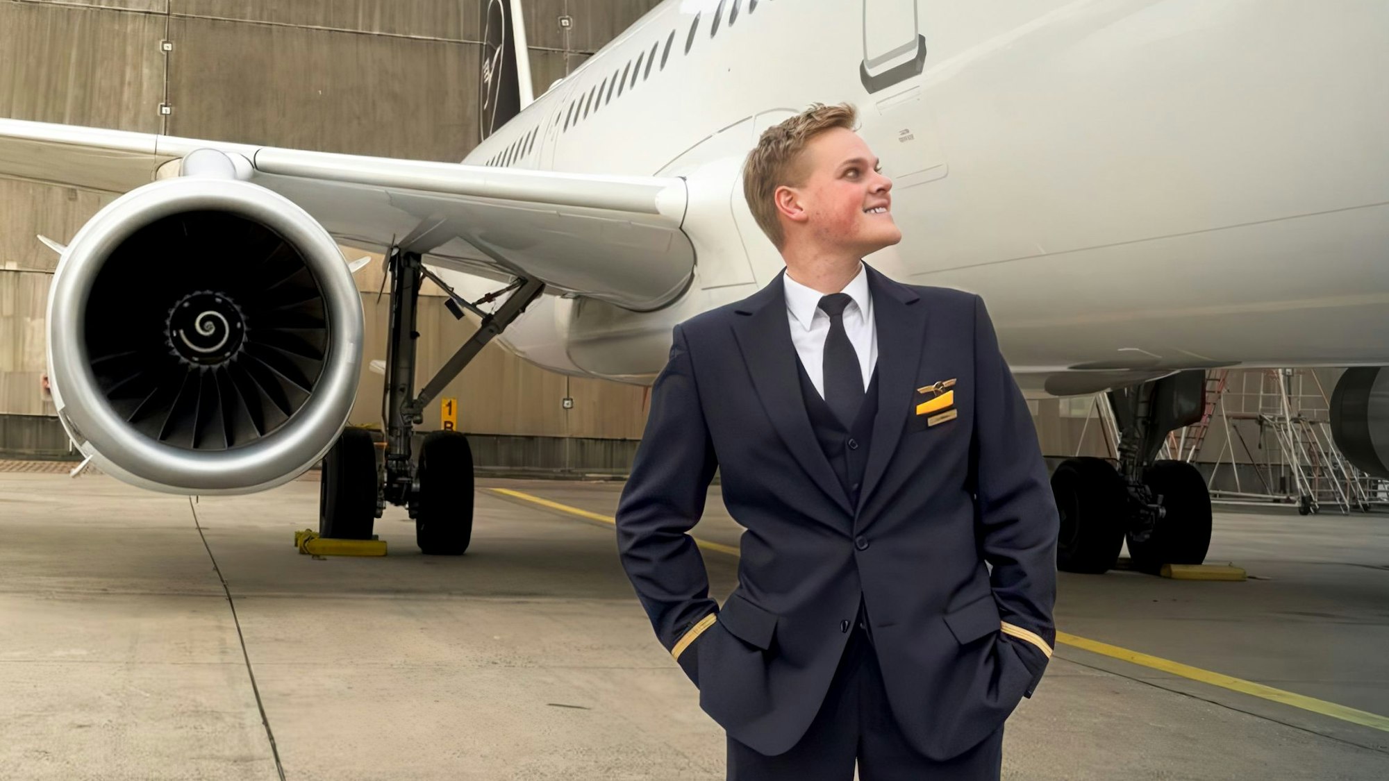 Alex Böhmer steht in seiner Uniform auf einem Rollfeld und blickt auf ein Flugzeug, das neben ihm steht.