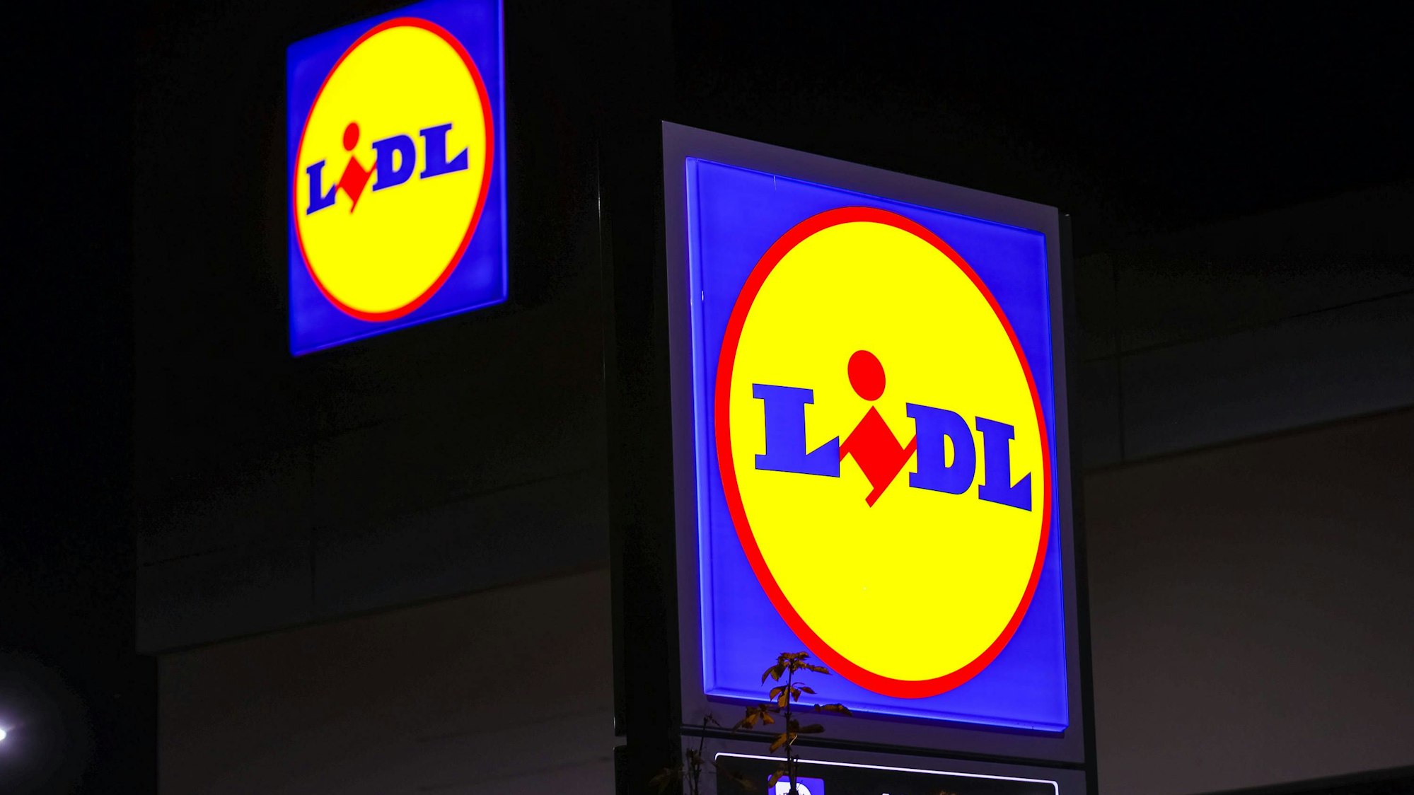Nachtaufnahme von einem beleuchteten Lidl-Schild.