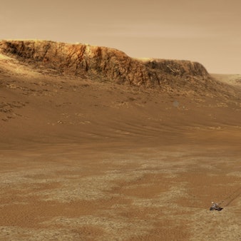 Ein künstlerisches Konzept aus dem Jahr 2021 zeigt NASAs 
Perseverance-Rover bei der Erkundung des Bodens 
des Jezero-Kraters, in dem sich einst ein 
alter See befand.