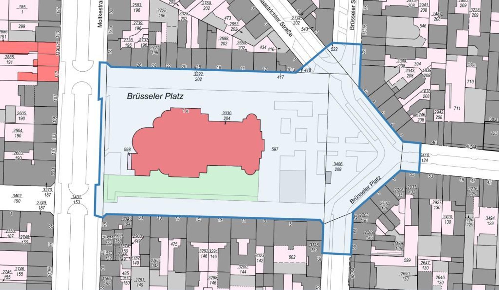 Für diesen Bereich soll das Verweilverbot am Brüsseler Platz gelten (blau eingezeichnet).