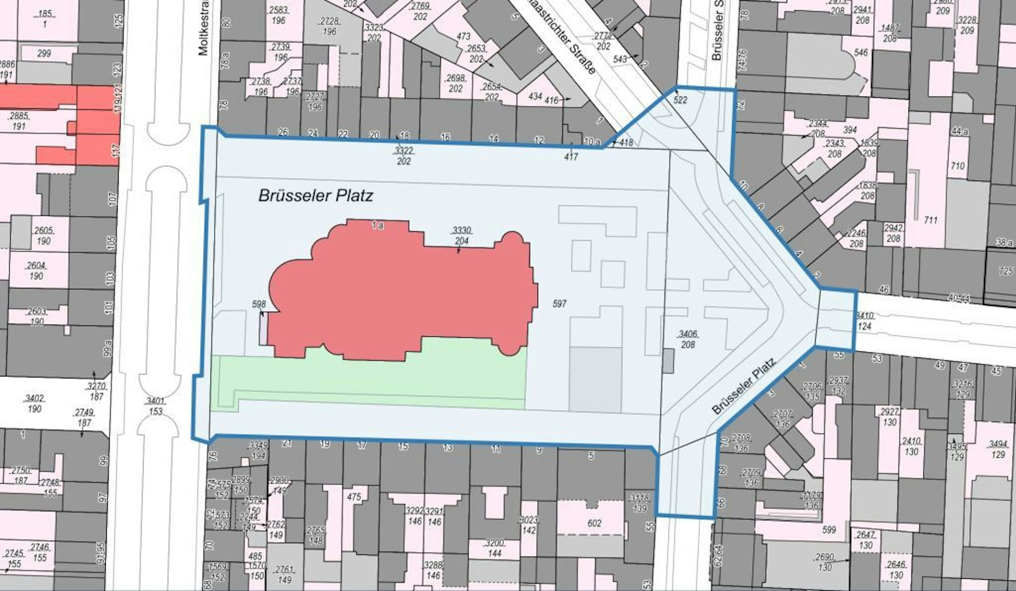 Für diesen Bereich soll das Verweilverbot am Brüsseler Platz gelten (blau eingezeichnet).