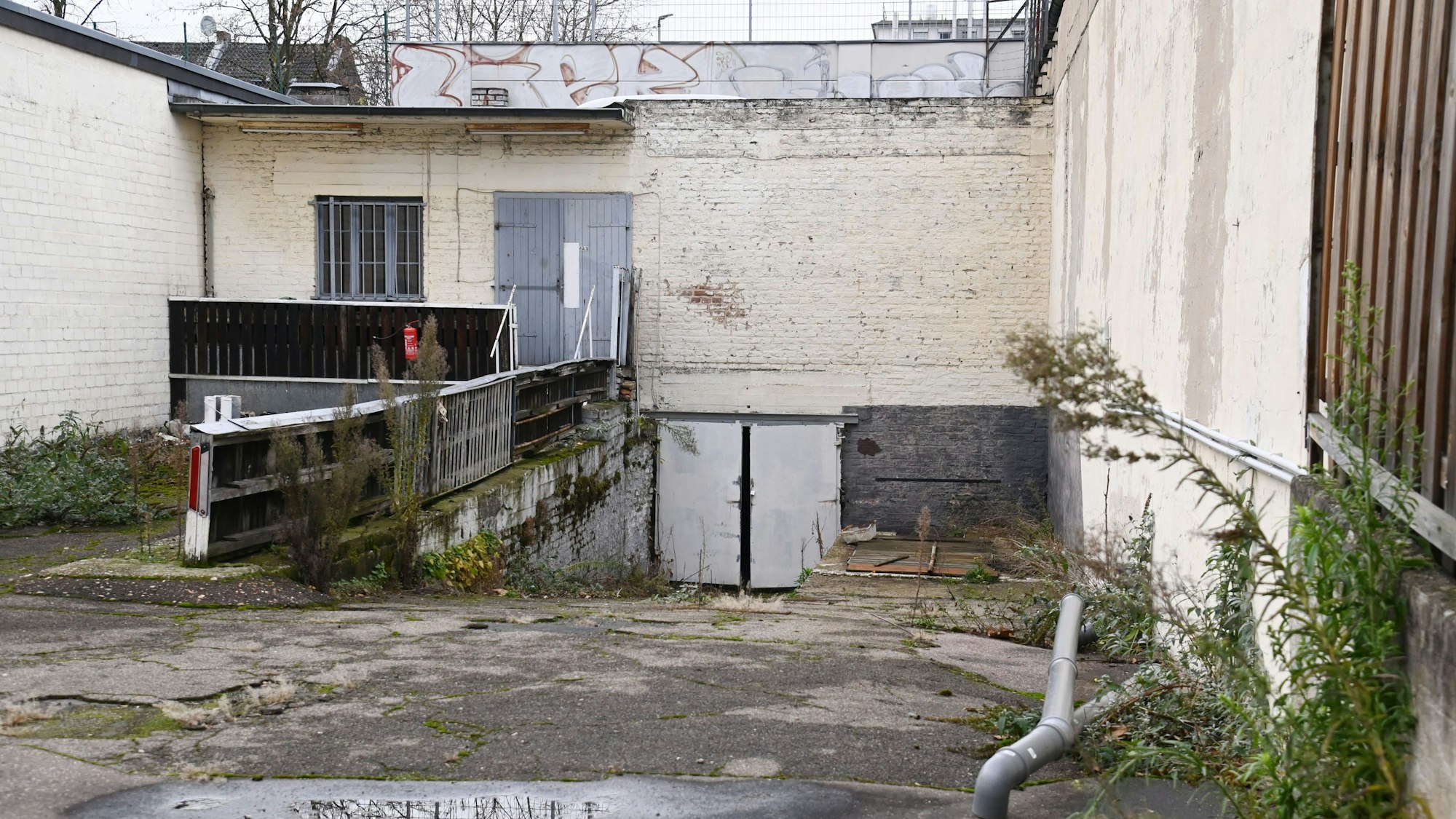 Hier soll eine Terrasse entstehen, im linken Gebäude ein Café bzw. eine Bar und unten geht es in den Kellerraum, der für Partys und Konzerte gedacht ist.