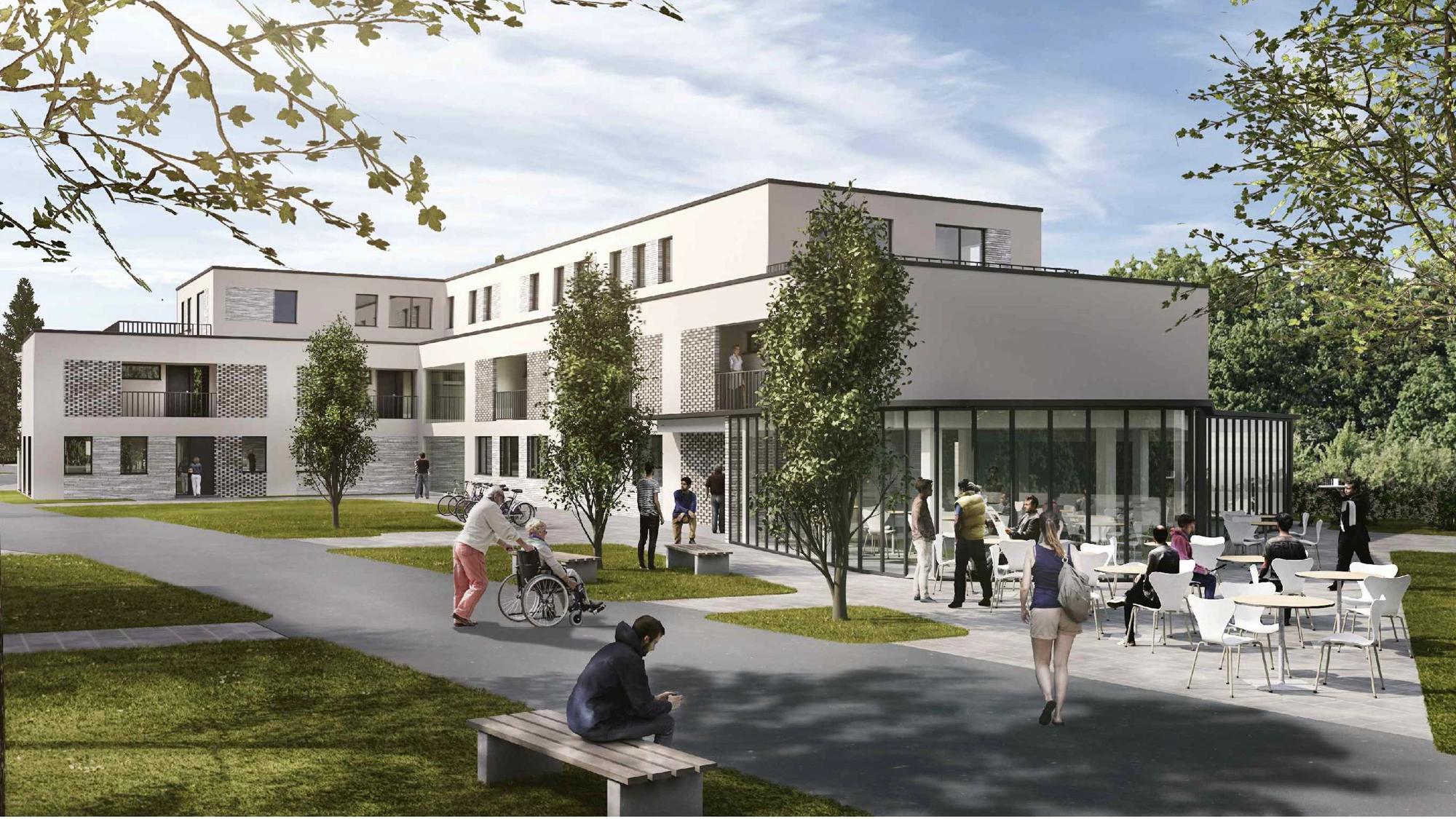 Auf dem Entwurf sind Menschen und ein Gebäude mit heller Fassade zu sehen.