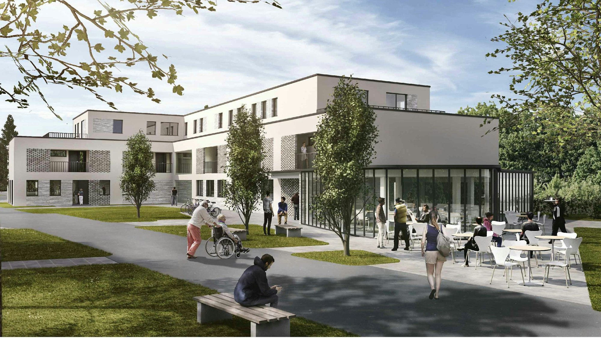 Auf dem Entwurf sind Menschen und ein Gebäude mit heller Fassade zu sehen.