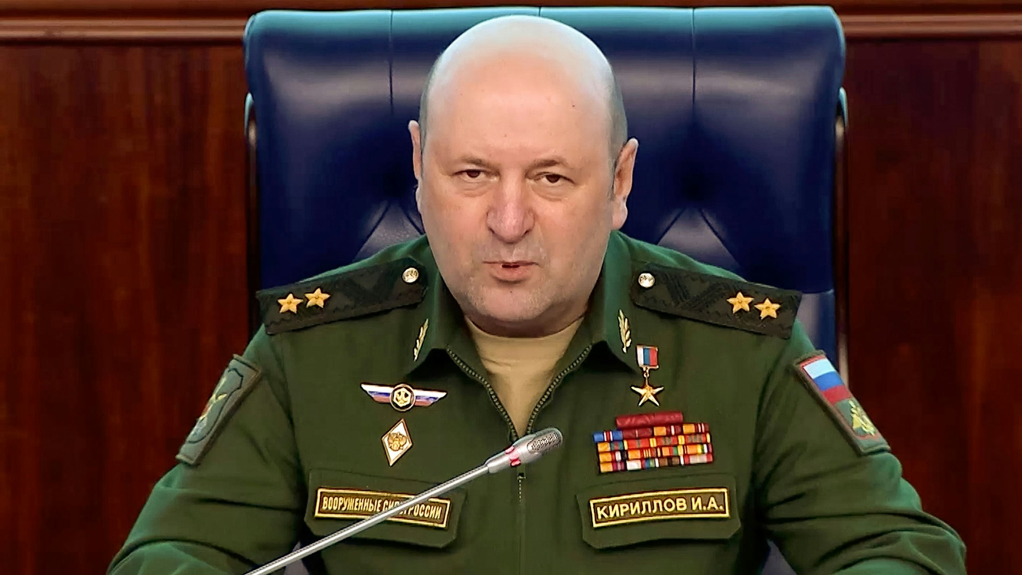 FILE - In this photo taken from video released by Russian Defense Ministry Press Service on Feb. 28, 2023, the head of the radiation, chemical and biological defense troops of the Russian Armed Forces Lt. Gen. Igor Kirillov speaks during a briefing in Moscow, Russia. (Russian Defense Ministry Press Service via AP, File)