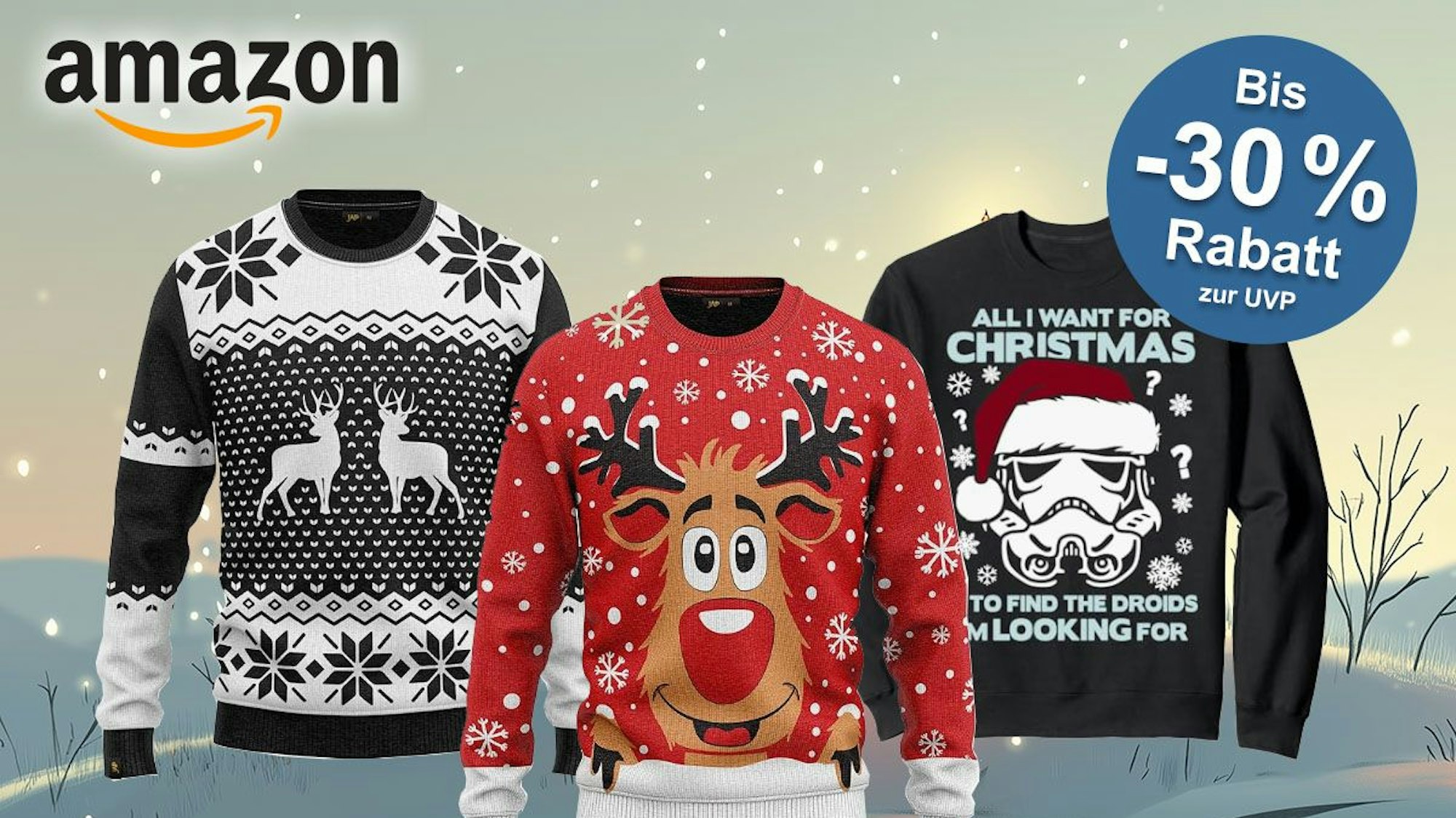 Produktbilder von drei Weihnachtspullovern sowie Amazon-Logo vor weihnachtlichem Hintergrund.