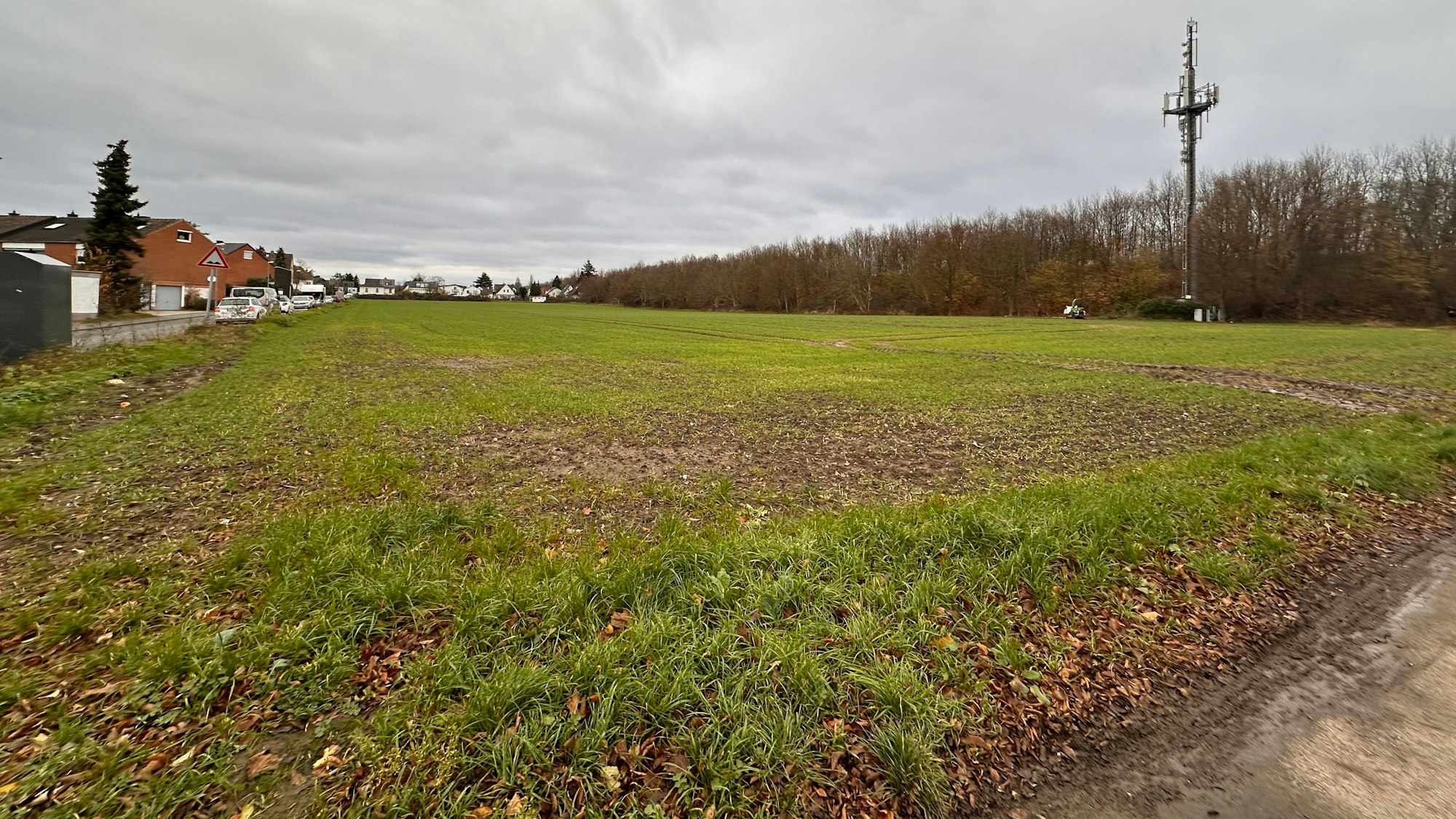 Blick auf ein Feld, links davon sind Häuser zu sehen, hinter einer Baumreihe liegt die Autobahn 555.