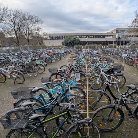 Das Foto zeigt die Fahrradabstellanlage vor dem Schulgebäude.