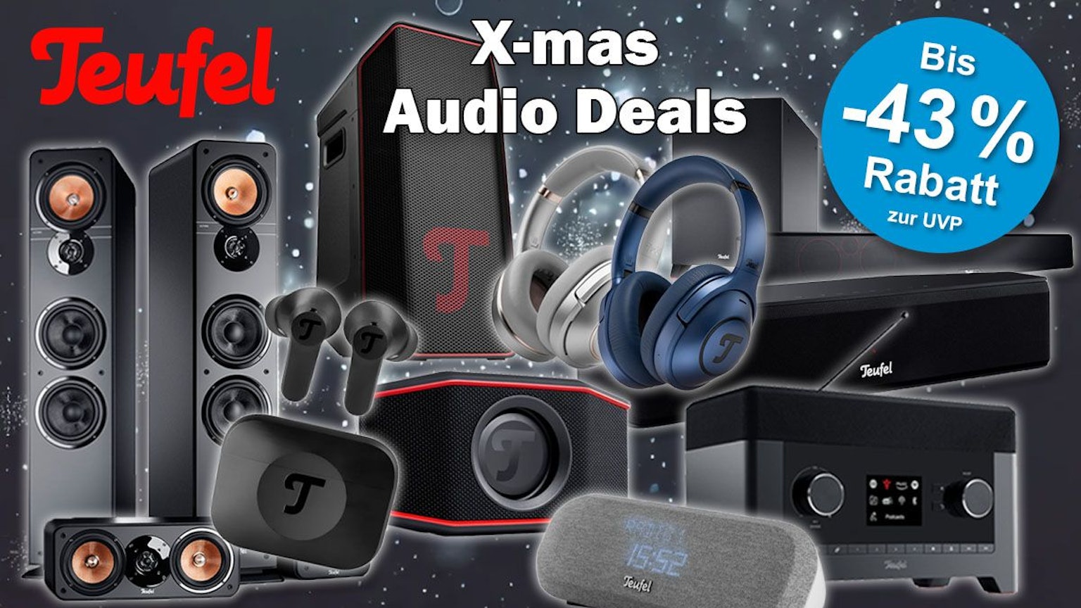 Teufel Audio Geräte wie Lautsprecher, Kopfhörer, Soundbars und mehr vor einem Schnee Hintergrund.