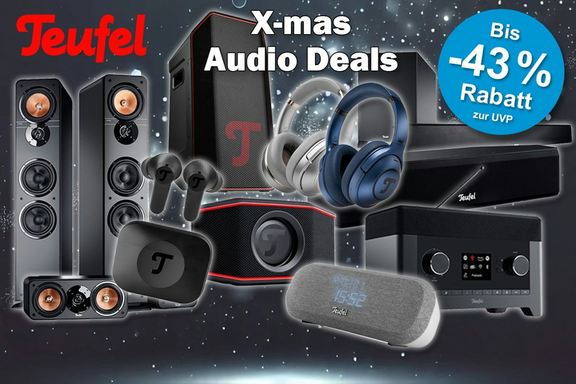 Teufel Audio Geräte wie Lautsprecher, Kopfhörer, Soundbars und mehr vor einem Schnee Hintergrund.