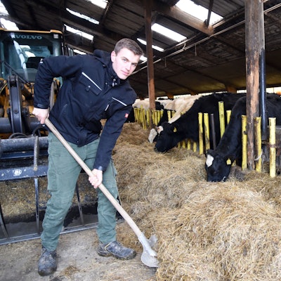 Junglandwirt Harm Breidenassel bei der Arbeit auf dem Hof Haus Ley in Engelskirchen Bellingroth.