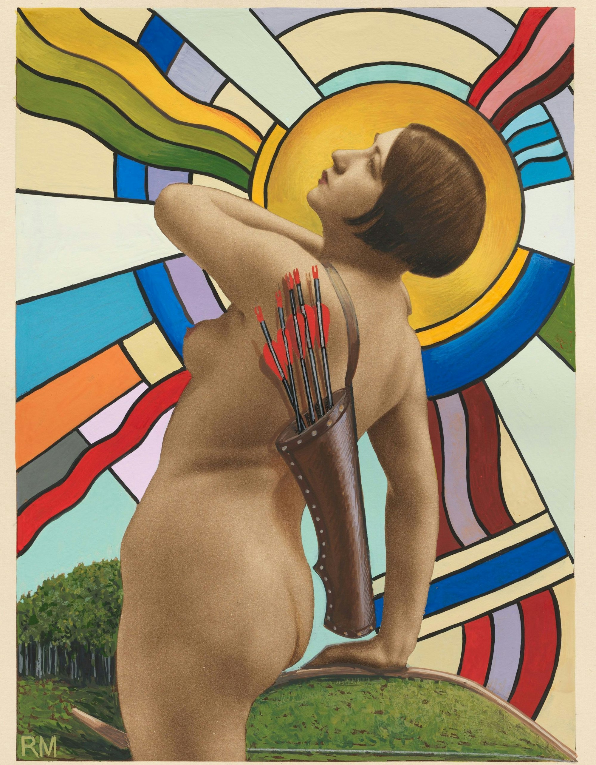 Eine nackte Frau trägt einen Bogen und einen Köcher mit Pfeilen.