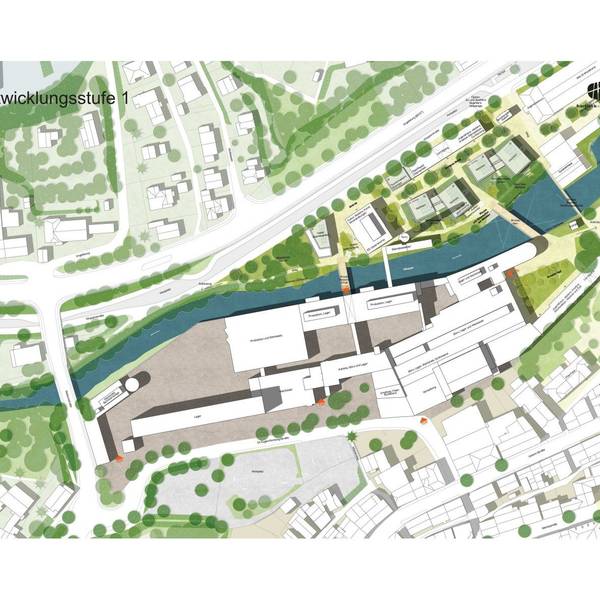 Die Grafik zeigt das Radium-Betriebsgelände von oben, am nördlichen Ufer soll ein neues Quartier entstehen.
