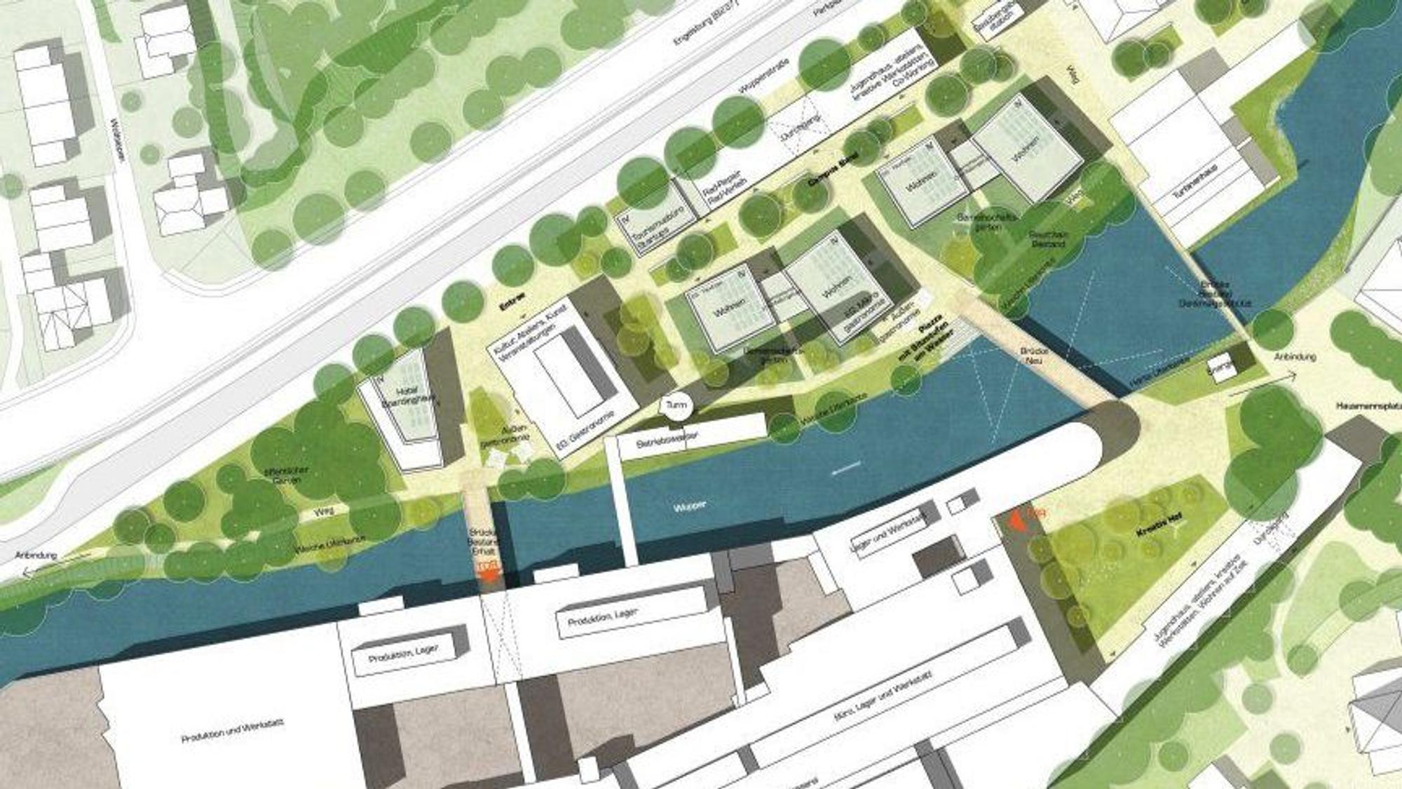 Die Grafik zeigt das Radium-Betriebsgelände von oben, am nördlichen Ufer soll ein neues Quartier entstehen.