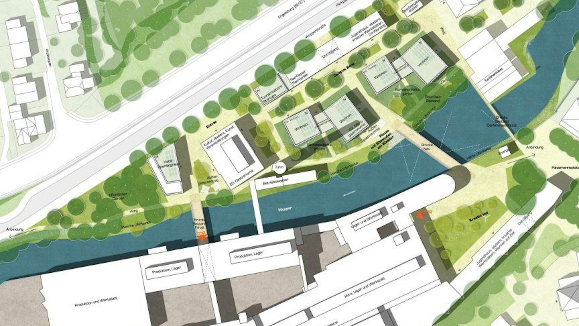 Die Grafik zeigt das Radium-Betriebsgelände von oben, am nördlichen Ufer soll ein neues Quartier entstehen.