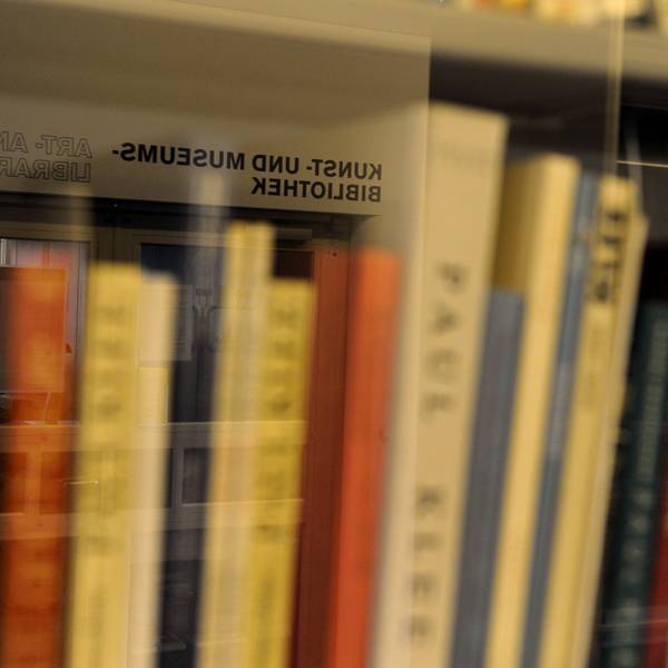 Bücher stehen in einem Regal.