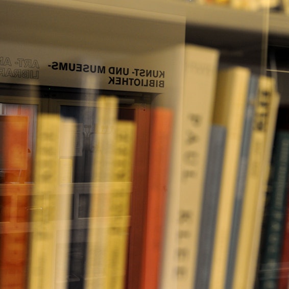 Bücher stehen in einem Regal.