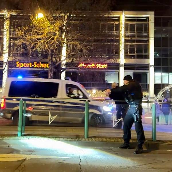 20.12.2024, Sachsen-Anhalt, Magdeburg: Das Standbild aus einem Video zeigt Polizisten bei der Festnahme einer tatverdächtigen Person am Weihnachtsmarkt in Magdeburg fest. Auf dem Weihnachtsmarkt in Magdeburg ist ein Autofahrer in eine Menschengruppe gefahren. Foto: Privat/TNN/dpa +++ dpa-Bildfunk +++