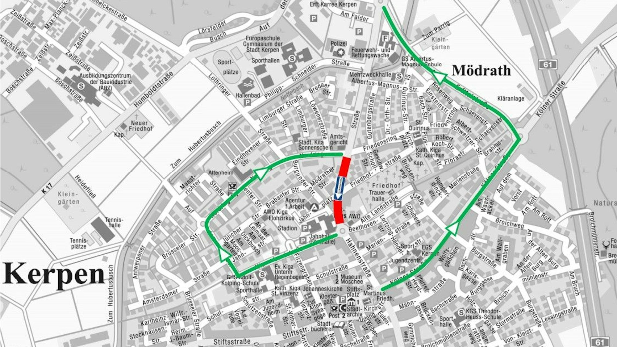 Zu sehen ist eine Stadtkarte von Kerpen, auf der eine Umleitungsstrecke eingezeichnet wurde.