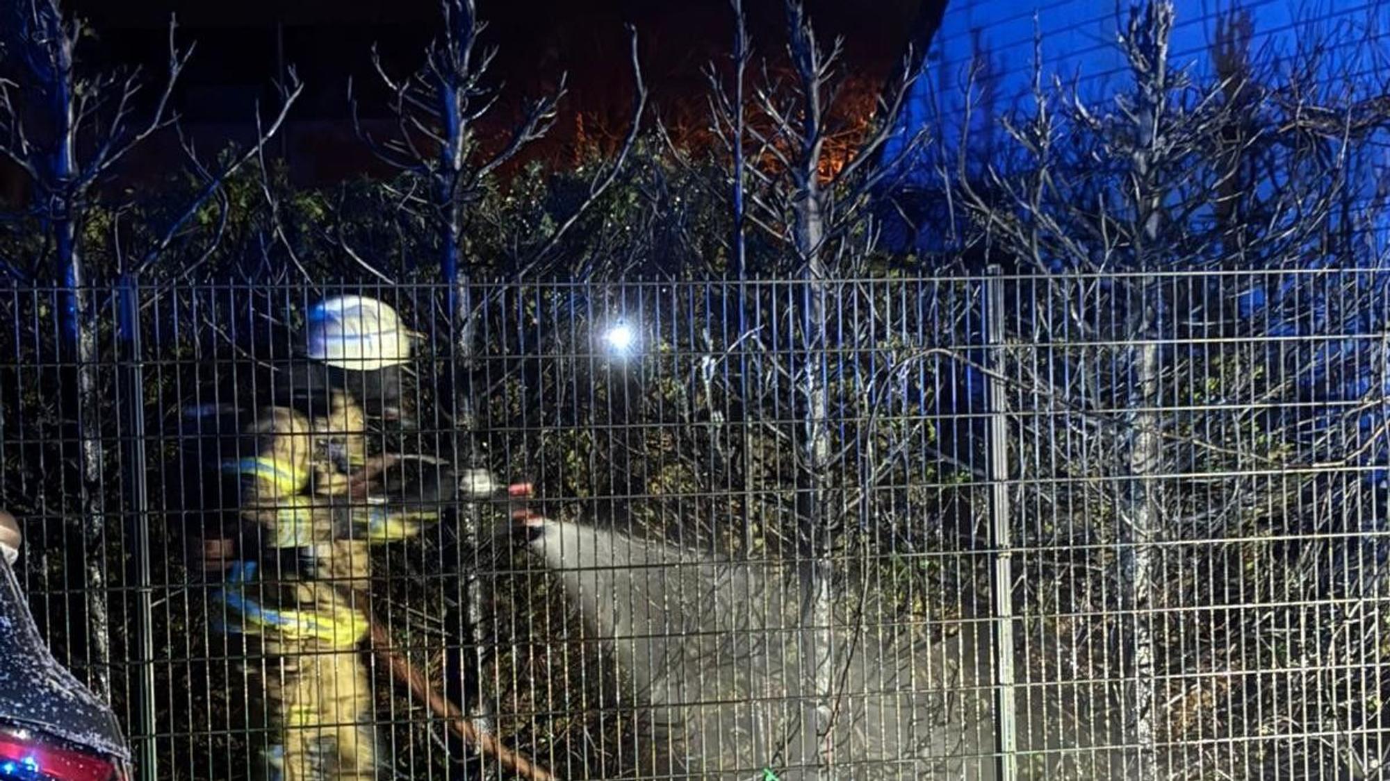 Ein Feuerwehrmann löscht einen Heckenbrand.