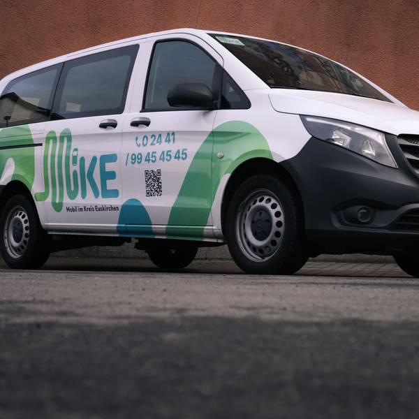 Das Bild zeigt ein Großraumtaxi. An der Seite ist der Schriftzug Mike zu lesen.