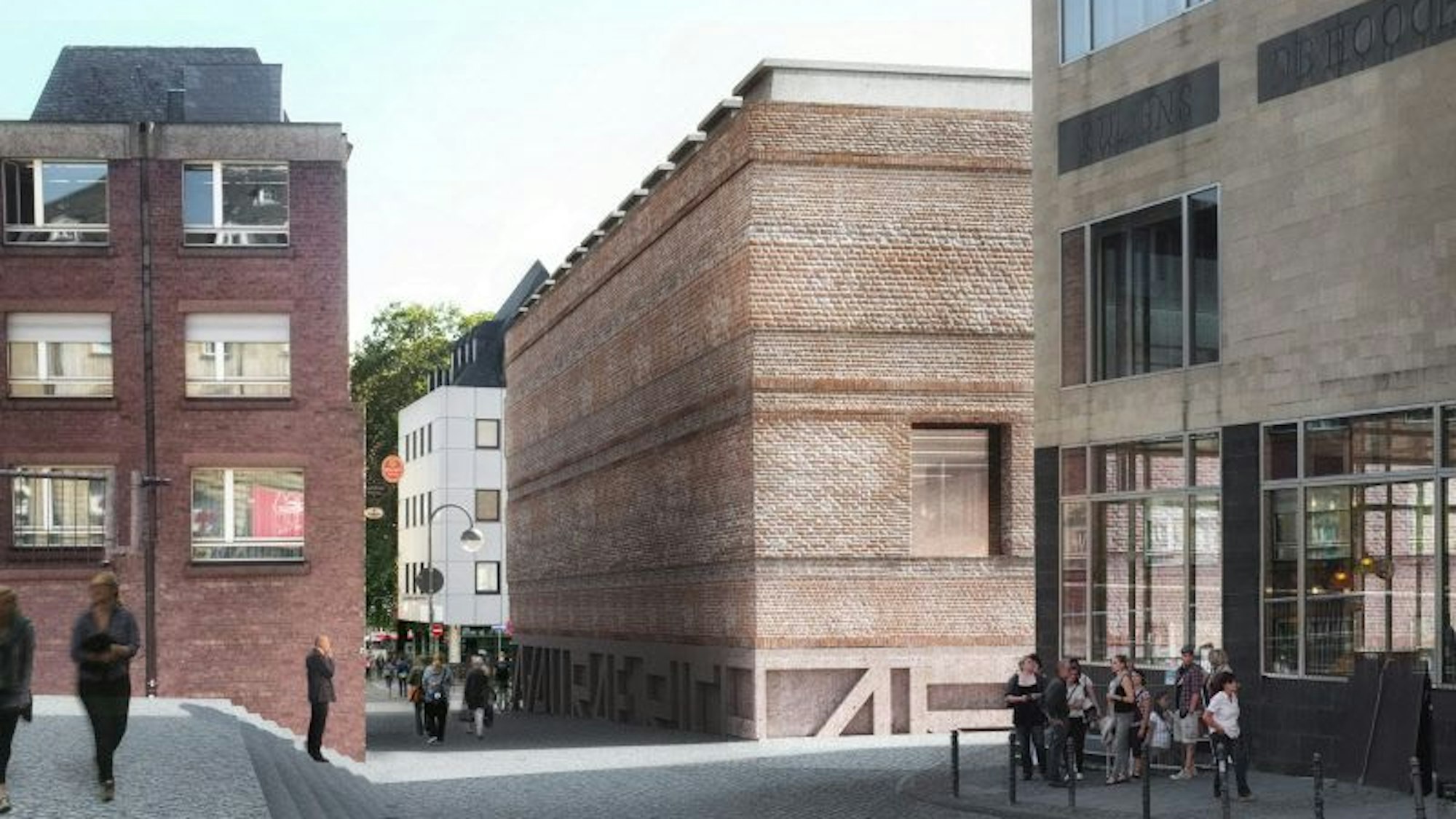 Die Visualisierung zeigt das Wallraf-Richartz-Museum (rechts) und den darunter geplanten Anbau.