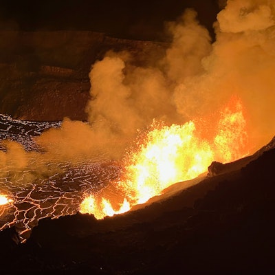 In this photo provided by the U.S. Geological Survey, an eruption takes place on the summit of the Kilauea volcano in Hawaii, Monday, Dec. 23, 2024. (N. Deligne/U.S. Geological Survey via AP)