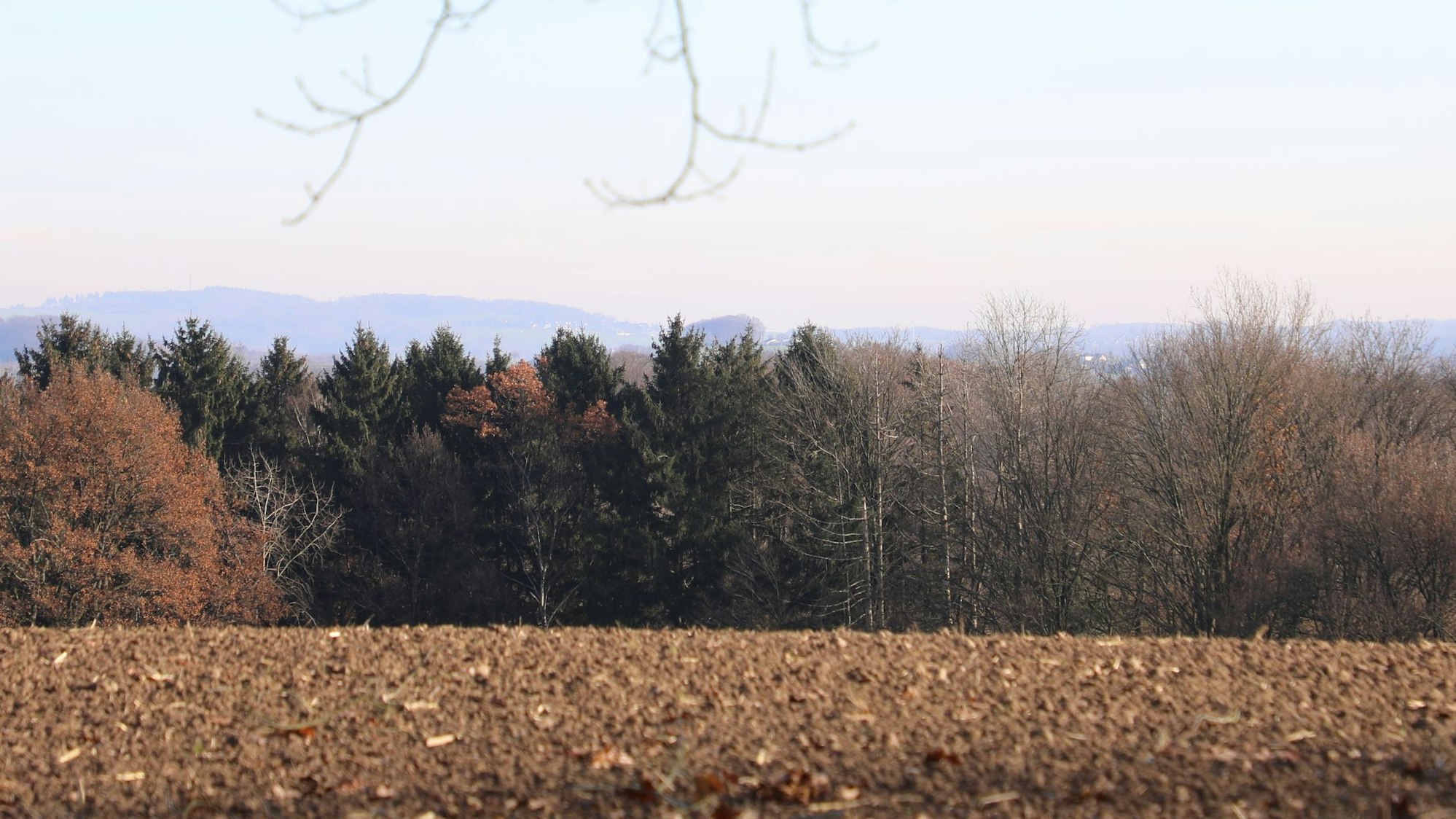 Unter winterlichem Himmel sind von Bergisch Gladbach-Moitzfeld aus am Horizont Hügel bei Overath zu sehen.