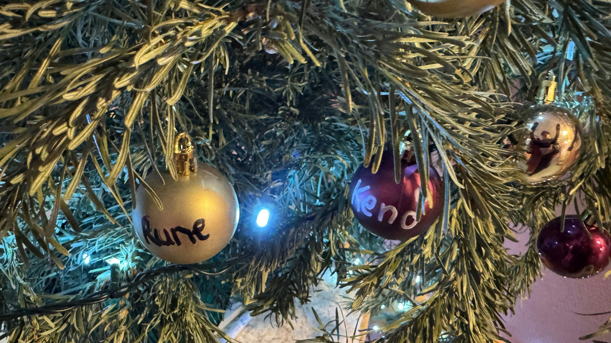 An den Ästen eines Baumes im Krankenhaus sind Weihnachtskugeln aufgehängt, auf denen die Namen der geborenen Kinder stehen.