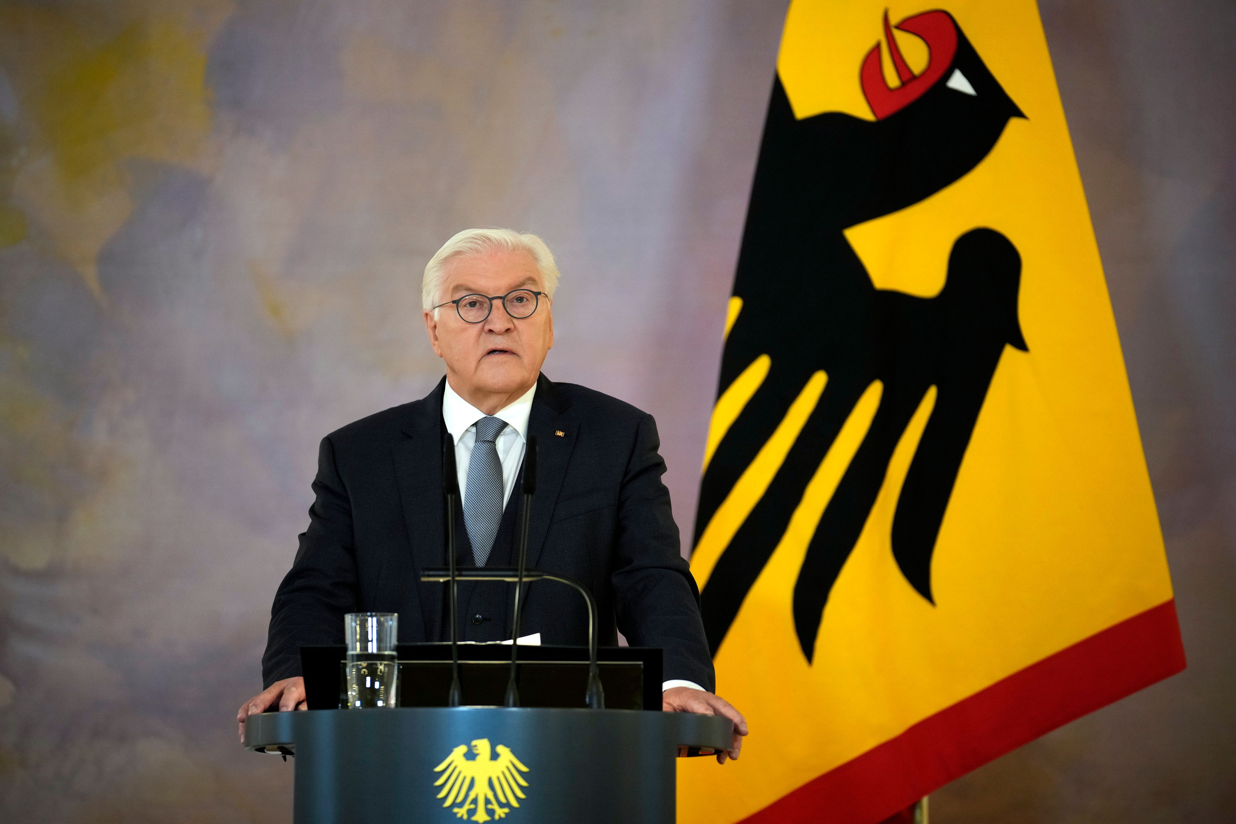 German President Frank-Walter Steinmeier announces the decision to dissolve the German Bundestag and schedule a new election for February 23 next year, in Berlin, Friday, Dec. 27, 2024. (AP Photo/Ebrahim Noroozi)