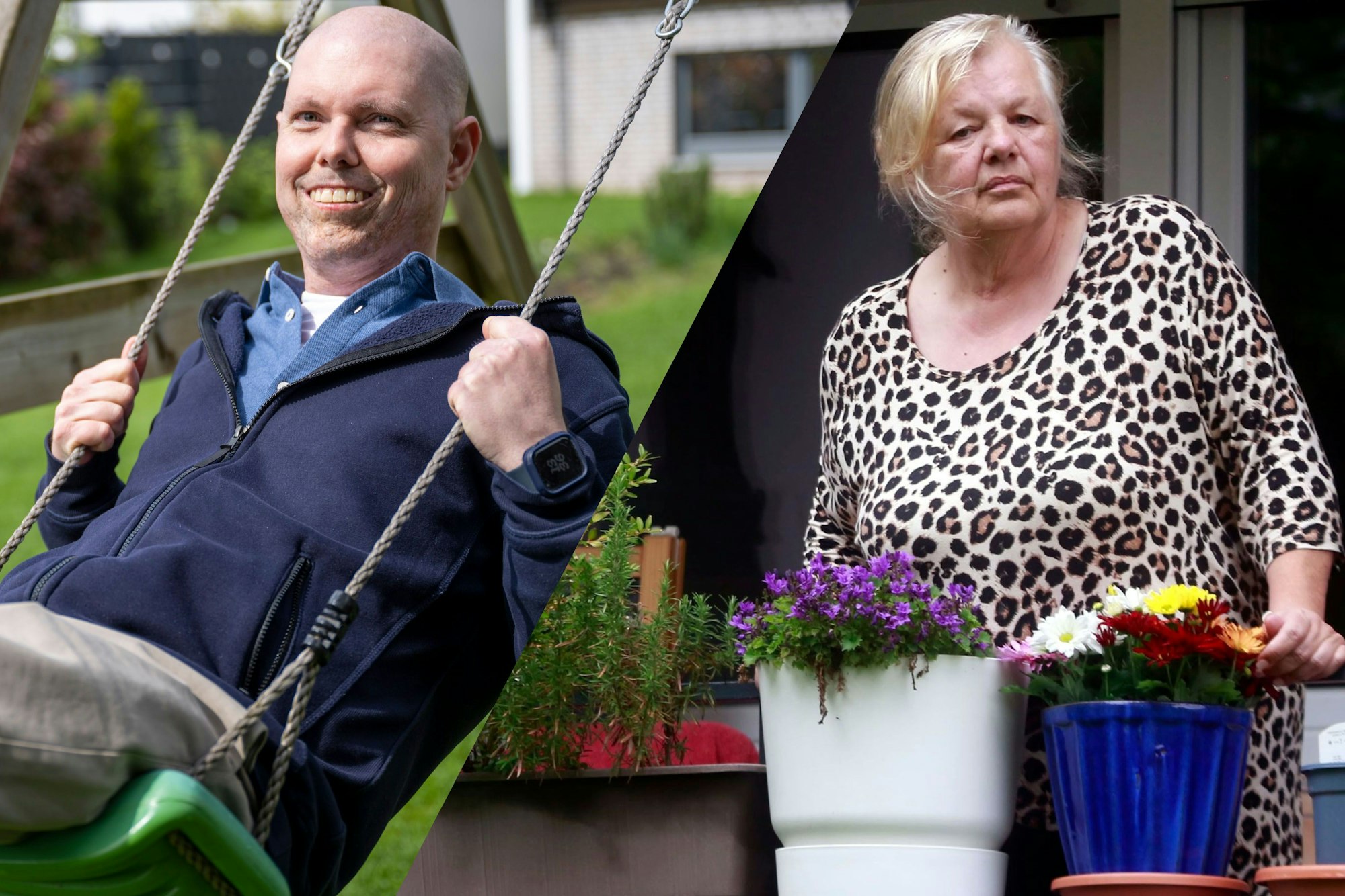 Auf einer Fotomontage sind beide Menschen abgebildet: Herr Bernauer auf einer Schaukel, Frau Bayram auf ihrem Balkon.