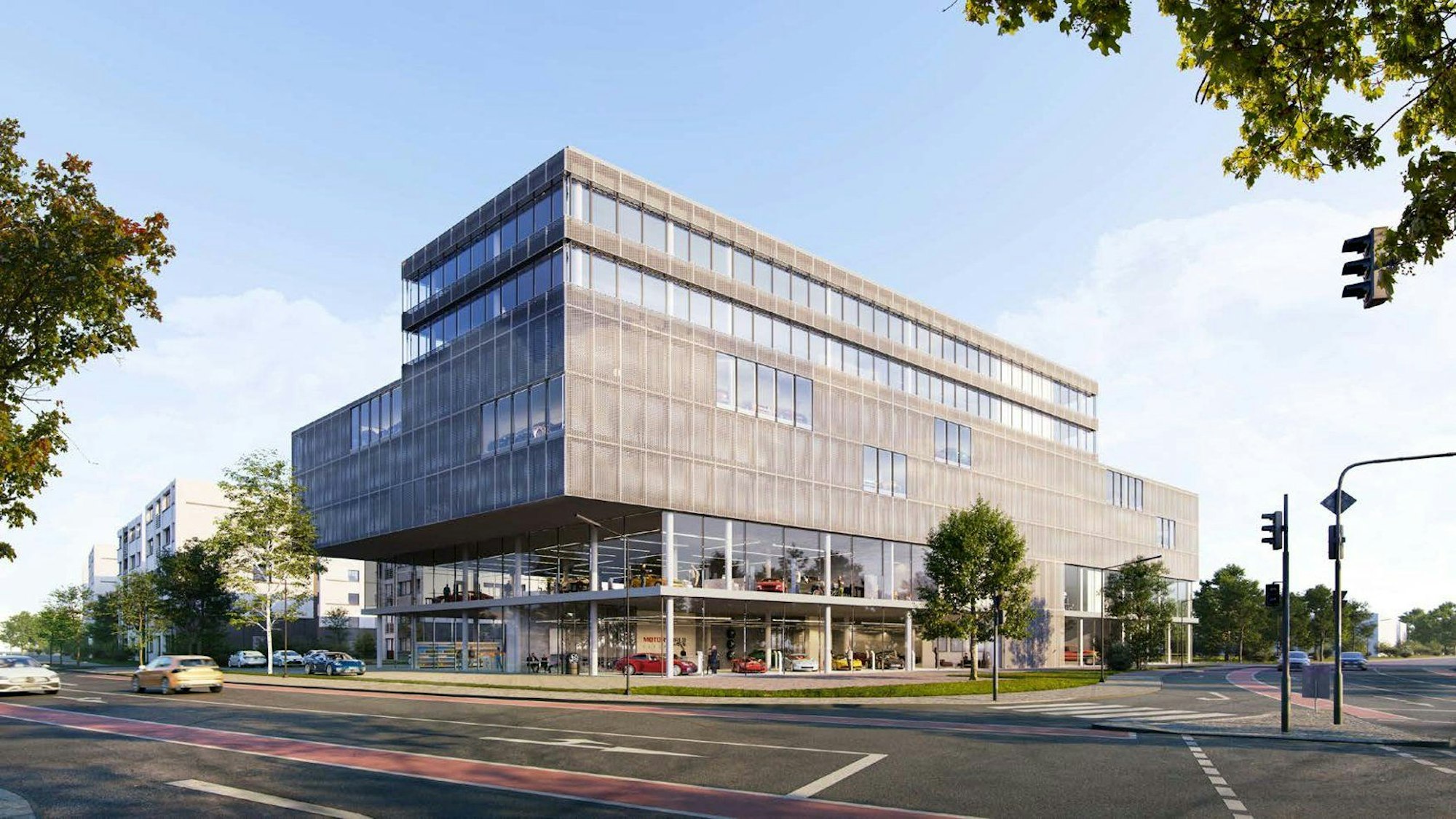 Visualisierung des Erweiterungsbau im Gewerbe- und Medienpark Köln-Ossendorf, gegenüber der Motorworld.