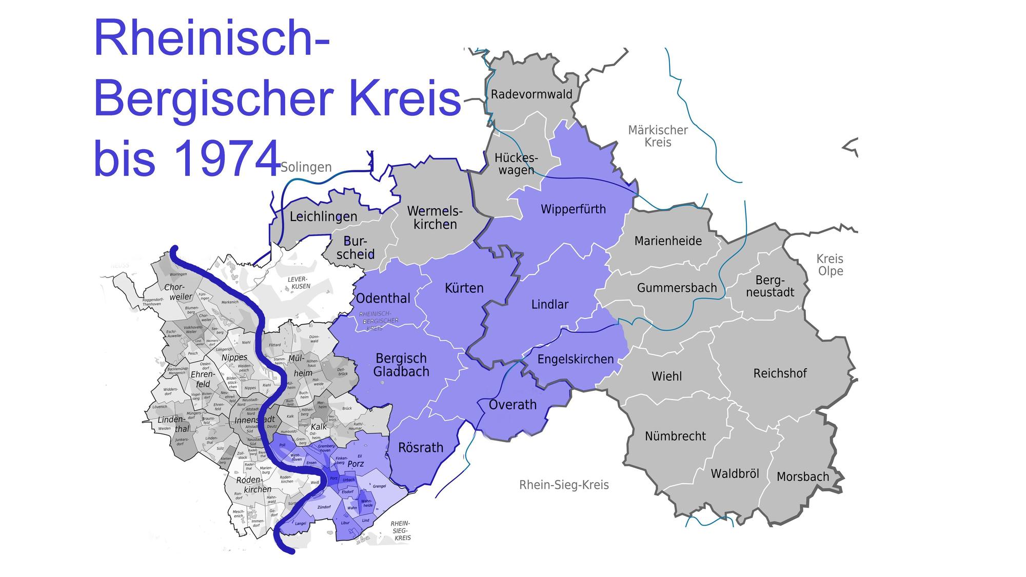 Eine Karte zeigt die Grenzen des Rheinisch-Bergischen Kreises vor 1975.